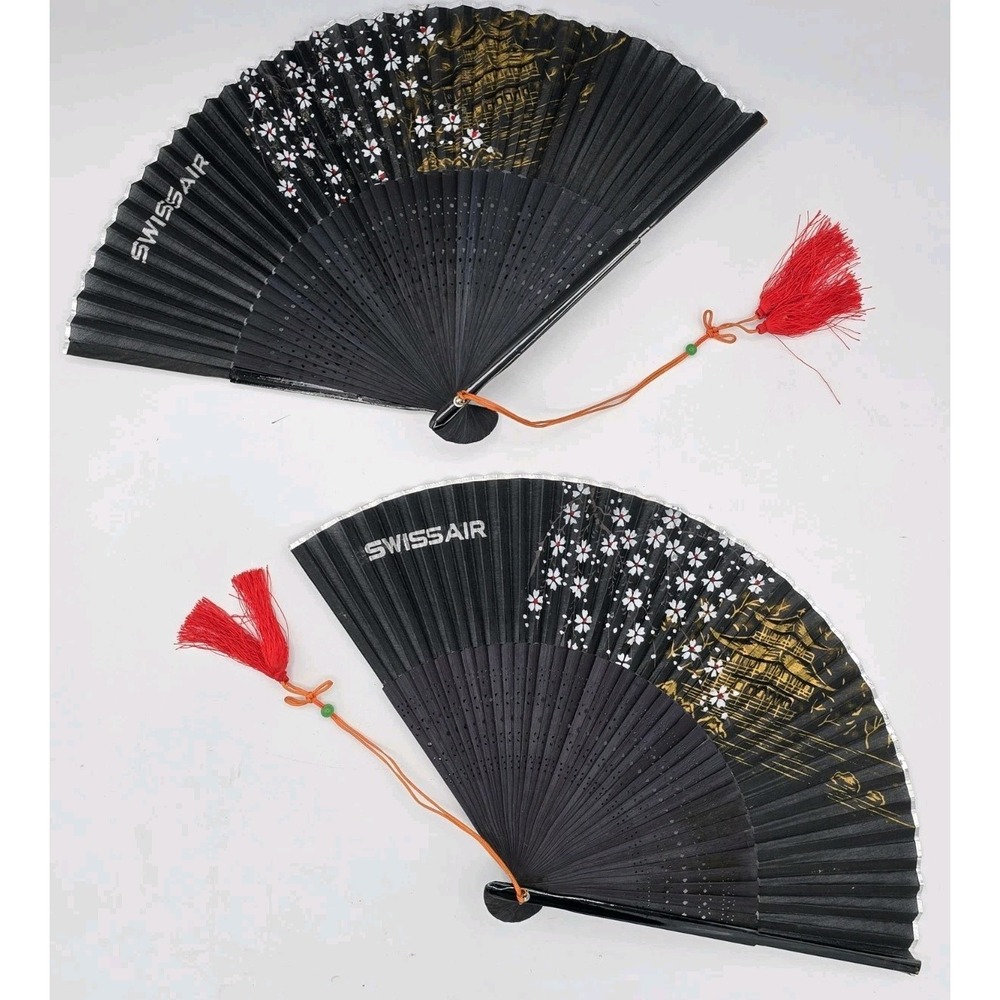 2 Lot VINTAGE Swissair Black And Gold Handpainted Paper Bamboo Folding Fans